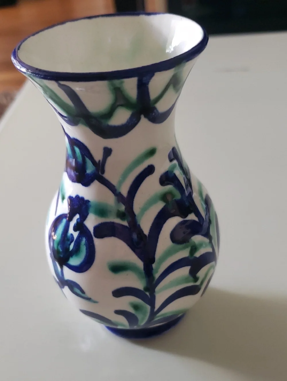 Vtg Hand-Painted Ceramic Vase - White W/ Blue & Green Floral Accents - 5.25